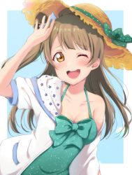 Rule 34 | 1girl, aqua one-piece swimsuit, artist name, artist request, blush, bow, bow hat, breasts, brown eyes, brown hair, brown hat, collarbone, female focus, green bow, green one-piece swimsuit, grey hair, hat, highres, jacket, jewelry, light brown hair, long hair, love live!, love live! school idol festival, love live! school idol project, medium breasts, minami kotori, one-piece swimsuit, one eye closed, open clothes, open jacket, parted lips, polka dot, polka dot bow, ponytail, side ponytail, smile, solo, straw hat, sun hat, swimsuit, white jacket