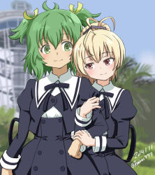 Rule 34 | 2girls, andou tazusa, antenna hair, arm at side, arm hug, assault lily, black ribbon, black skirt, blonde hair, blue sky, blurry, blurry background, blush, building, buttons, closed mouth, commentary request, cowboy shot, cropped jacket, dated, day, green eyes, green hair, hair between eyes, hair ribbon, hand up, high-waist skirt, high ponytail, highres, juliet sleeves, knives (knives777), long sleeves, looking at another, looking to the side, multiple girls, neck ribbon, outdoors, ponytail, puffy sleeves, red eyes, ribbon, school uniform, shirt, short hair, sideways glance, skirt, sky, smile, standing, striped, striped ribbon, tree, twitter username, two side up, white shirt, yellow ribbon, yoshimura thi mai, yuri, yurigaoka girls academy school uniform