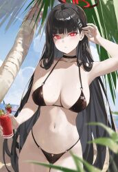 Rule 34 | 1girl, alternate costume, arm up, armpits, bikini, black bikini, black choker, black hair, blue archive, blush, breasts, choker, collarbone, commentary, cup, drink, hair ornament, hairclip, halo, highres, holding, holding cup, ki-16, large breasts, long hair, looking at viewer, navel, outdoors, palm tree, red eyes, ringed eyes, rio (blue archive), solo, stomach, straight hair, string bikini, swimsuit, tree, very long hair