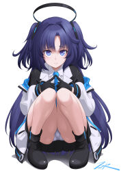 Rule 34 | 1girl, black skirt, blue archive, blue eyes, blue hair, blue necktie, halo, highres, jacket, jacket partially removed, long hair, long sleeves, looking at viewer, mechanical halo, miniskirt, necktie, panties, parted bangs, pleated skirt, simple background, skirt, solo, squatting, t2r, two-sided fabric, two-sided jacket, two side up, underwear, very long hair, white background, white panties, yuuka (blue archive)