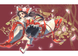 Rule 34 | 1girl, ass, bike shorts, bike shorts under skirt, bird, bow, brown hair, cherry blossoms, clogs, detached sleeves, embellished costume, female focus, flower, flower on head, from behind, hair bow, hair flower, hair ornament, hair ribbon, hair tubes, hakurei reimu, hidori (hibi toridori), japanese clothes, lace, long hair, miko, open mouth, outstretched arms, patterned, petals, red eyes, ribbon, running, sandals, shorts, shorts under skirt, skirt, solo, spread arms, tabi, thighs, touhou, white legwear, wide sleeves, zouri