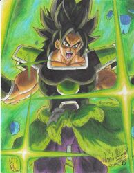 Rule 34 | 1boy, 2019, black hair, broly (dragon ball super), dragon ball, dragon ball super, dragon ball super broly, fur (clothing), green background, highres, looking at viewer, muscular, muscular male, open mouth, pants, purple pants, ravernclouk design, rubble, saiyan armor, scar, scar on arm, scar on face, spiked hair, traditional media
