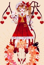 Rule 34 | 1girl, abstract, absurdres, animal skull, ascot, blonde hair, boku (isizakitakasi), bow, cross, dress, flandre scarlet, flower, frilled dress, frills, hat, heart, heart wings, highres, laevatein (touhou), looking at viewer, mob cap, one side up, rainbow gradient, red bow, red dress, red eyes, red footwear, red nails, sharp teeth, side ponytail, solo, teeth, touhou, upper teeth only, white hat, wings, yellow ascot