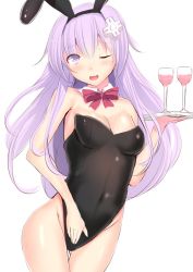 Rule 34 | 1girl, ;d, animal ears, bare shoulders, black leotard, blush, breasts, cleavage, covered navel, cowboy shot, cup, d-pad, d-pad hair ornament, daiaru, detached collar, drinking glass, fake animal ears, hair ornament, holding, holding tray, leotard, long hair, nepgear, neptune (series), one eye closed, open mouth, playboy bunny, purple eyes, purple hair, rabbit ears, simple background, skin tight, smile, solo, tray, white background