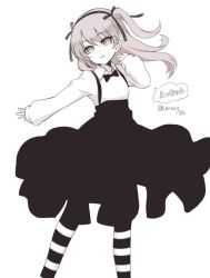 Rule 34 | 1girl, artist name, bow, bowtie, casual, character name, collared shirt, commentary, girls und panzer, greyscale, head tilt, high-waist skirt, light frown, long hair, long sleeves, looking at viewer, medium skirt, monochrome, one-hour drawing challenge, one side up, pantyhose, parted lips, shimada arisu, shirt, signature, skirt, solo, standing, striped clothes, striped pantyhose, suspender skirt, suspenders, translated, twitter username, umxzo