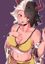 Rule 34 | 1girl, :p, absurdres, animal ears, animal print, bare shoulders, black hair, blush, breasts, brown eyes, cleavage, collarbone, cow ears, cow horns, cow print, cowboy shot, crop top, fangs, groin, hand on own chest, hand up, haori, highres, horns, japanese clothes, large breasts, long sleeves, looking at viewer, midriff, multicolored hair, navel, off shoulder, outline, purple background, revision, short hair, silver hair, simple background, skirt, skirt set, smile, solo, spaghetti strap, split-color hair, sports bra, stomach, tongue, tongue out, touhou, tuck (tuck23978434), two-tone hair, ushizaki urumi, white outline, wide sleeves, yellow skirt