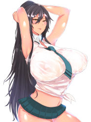 Rule 34 | 1girl, armpits, arms behind head, arms up, bare shoulders, black hair, blush, breasts, covered erect nipples, hair between eyes, high ponytail, highres, huge breasts, idolmaster, idolmaster shiny colors, long hair, looking at viewer, miniskirt, nabeshiki (nabeyashiki), navel, necktie, pleated skirt, ponytail, shirase sakuya, shirt, simple background, skirt, solo, sweat, tongue, tongue out, white background, white shirt, yellow eyes