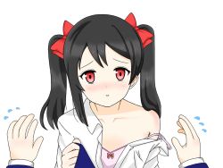 Rule 34 | 10s, 1girl, 1other, black hair, blush, bow, flat chest, flying sweatdrops, hair bow, head tilt, heart, long hair, looking at viewer, love live!, love live! school idol project, off shoulder, parted lips, red eyes, silver (252aries), simple background, single bare shoulder, solo focus, strap slip, twintails, upper body, white background, yazawa nico