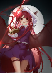 Rule 34 | 1girl, absurdres, ahoge, alternate color, alternate weapon, arm over head, arm up, bat wings, book, buttons, collared shirt, cowboy shot, demon girl, floating hair, full moon, glowing, glowing weapon, hand up, head wings, highres, holding, holding book, holding polearm, holding spear, holding weapon, koakuma, long hair, long sleeves, moon, necktie, open book, open mouth, pointy ears, polearm, purple skirt, purple vest, red eyes, red hair, red necktie, sancking (fatekl), shirt, skirt, skirt set, slit pupils, solo, spear, swept bangs, teeth, thigh strap, touhou, very long hair, vest, weapon, white shirt, wings