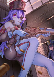Rule 34 | 2girls, absurdres, antique firearm, balcony, bare shoulders, black pantyhose, bullet, bullet hole, bullet in mouth, chevreuse (genshin impact), commentary request, detached collar, detached sleeves, earmuffs, earmuffs around neck, eyepatch, fall4592, firearm, firefight, firing, genshin impact, gloves, gold trim, gun, hair between eyes, hat, highres, holding, holding gun, holding weapon, indoors, long hair, looking to the side, mouth hold, multicolored hair, multiple girls, no eyes, no mole, open mouth, pantyhose, pointy hair, projectile trail, puffy detached sleeves, puffy sleeves, purple eyes, purple hair, railing, shaded face, shako cap, shell casing, short hair, sidelocks, streaked hair, teeth, torn clothes, torn pantyhose, two-tone hair, under fire, upper teeth only, variations, weapon, white gloves