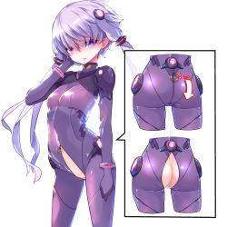 Rule 34 | 1girl, :o, anus, ass, bodysuit, breasts, bright pupils, commentary request, covered navel, cowboy shot, crotch zipper, gloves, gluteal fold, hair tubes, highres, inset, looking at viewer, open mouth, plugsuit, pon (shind 997), purple gloves, pussy, short hair with long locks, sidelocks, simple background, small breasts, solo, uncensored, vocaloid, voiceroid, white background, yuzuki yukari, zipper