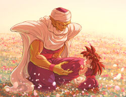 Rule 34 | 2boys, biceps, black eyes, black hair, black nails, black wristband, blush, boots, brown footwear, cape, child, colored skin, commentary request, dougi, dragon ball, dragonball z, field, fingernails, flower, flower field, flower wreath, green skin, hand up, head wreath, kneeling, koukyouji, long fingernails, long hair, looking at another, male focus, multiple boys, namekian, on one knee, open mouth, parted lips, petals, piccolo, pointy ears, red sash, sash, sharp fingernails, shoulder pads, smile, son gohan, turban, v-shaped eyebrows, white cape, wristband
