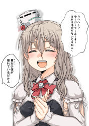 Rule 34 | 1girl, bodice, bow, bowtie, breasts, closed eyes, grey hair, hat, highres, kantai collection, long sleeves, medium breasts, mini hat, open mouth, pola (kancolle), red bow, red bowtie, shirt, solo, speech bubble, takasugi heppu, thick eyebrows, tilted headwear, translation request, upper body, wavy hair, white shirt
