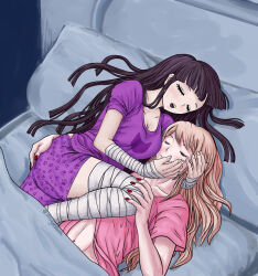 Rule 34 | 2girls, animal print, bandaged arm, bandaged leg, bandages, bed, bed sheet, blonde hair, blush, breasts, cleavage, closed eyes, closed mouth, clothes lift, collarbone, cuddling, danganronpa: trigger happy havoc, danganronpa (series), danganronpa 2: goodbye despair, enoshima junko, eyebrows hidden by hair, eyelashes, female focus, fingernails, hand on another&#039;s arm, hand on another&#039;s leg, hand on knee, hand on leg, knee up, leg over body, leg up, long hair, lying, lying on person, medium breasts, mikans-notebook, multiple girls, nail polish, navel, on back, on side, open mouth, pillow, pink shirt, purple hair, purple shirt, red nails, shirt, shirt lift, simple background, smile, teeth, tongue, tsumiki mikan, upper teeth only, yuri