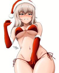 1girl absurdres artist_name bikini blue_eyes blush breasts christmas cleavage clenched_teeth collarbone commentary_request covered_erect_nipples dated elbow_gloves embarrassed from_below girls_und_panzer gloves grey_hair groin hat highres itsumi_erika kd_esler long_hair midriff navel red_bikini red_gloves santa_costume santa_hat sideboob solo standing string_bikini swimsuit teeth underboob underwear white_background