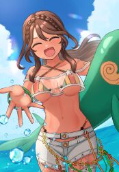 Rule 34 | 1girl, absurdres, andromeda (fate), andromeda (second ascension) (fate), bikini, braid, breasts, brown hair, chain, closed eyes, crown braid, fate/grand order, fate (series), highres, hotarubi (hotarubie), inflatable toy, inflatable whale, long hair, medium breasts, navel, ocean, see-through, splashing, striped bikini, striped clothes, swimsuit, vertical-striped bikini, vertical-striped clothes, water
