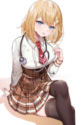 Rule 34 | 1girl, arm behind back, black thighhighs, blonde hair, blue eyes, blush, bob cut, brown skirt, commentary, hair ornament, high-waist skirt, holding, holding magnifying glass, hololive, hololive english, long sleeves, looking at viewer, machi (7769), magnifying glass, medium hair, monocle, necktie, red necktie, revision, shadow, shirt, simple background, sitting, skirt, solo, stethoscope, thighhighs, tongue, tongue out, virtual youtuber, watson amelia, watson amelia (1st costume), white background, white shirt