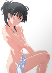Rule 34 | 1girl, absurdres, ahoge, black hair, blue eyes, breasts, closed mouth, collarbone, commentary request, completely nude, highres, long hair, looking at viewer, looking to the side, nude, ponytail, shadow, shou937, sidelocks, simple background, sitting, small breasts, smile, solo, sweat, white background, yahari ore no seishun lovecome wa machigatteiru., yukinoshita yukino