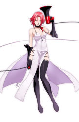 Rule 34 | 1girl, bare shoulders, black thighhighs, boots, cable, collar, devil survivor, dress, elbow gloves, gloves, harusawa yoshino, megaphone, no bra, off shoulder, polarityplus, red hair, short hair, side slit, solo, thigh boots, thighhighs, yellow eyes