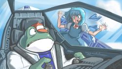 Rule 34 | 1girl, against glass, blue eyes, blue hair, bow, cheek squash, cirno, crossover, frog, hair bow, hat, highres, nintendo, pilot, piloting, profitshame, slippy toad, snowflakes, star fox, steam, touhou, wings