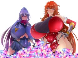 Rule 34 | 2girls, akiyama rinko, bodysuit, breasts, cleavage cutout, clenched hand, clothing cutout, covered navel, curvy, dress, feet out of frame, female focus, gloves, hand on own hip, highleg, highleg panties, highres, huge breasts, kamimura maika, long hair, looking at viewer, multiple girls, panties, partially visible vulva, pelvic curtain, purple eyes, red dress, revealing clothes, simple background, skindentation, smile, standing, string panties, taimanin (series), taimanin rpgx, taimanin suit, taimanin yukikaze, thong, underwear, very long hair, weapon, white background, wide hips