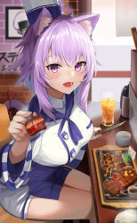 Rule 34 | 1girl, :d, animal ear fluff, animal ears, blue hair, blue neckerchief, blush, breasts, cat ears, cat girl, cat tail, commentary request, cup, food, fork, hat, highres, holding, holding fork, hololive, incoming food, knife, large breasts, long hair, long sleeves, looking at viewer, multicolored hair, neckerchief, nekomata okayu, onigirya (nekomata okayu), open mouth, purple eyes, purple hair, revision, ribbon, shirt, shorts, sitting, smile, solo, sora no tori, steak, streaked hair, tail, tail ornament, tail ribbon, virtual youtuber, white shirt, white shorts