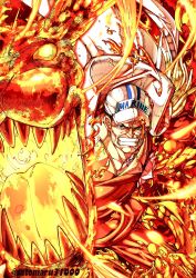 Rule 34 | 1boy, angry, attack, black hair, chest tattoo, clenched teeth, devil fruit, fangs, fire, formal, highres, looking at viewer, manly, military, military uniform, lava, muscular, one piece, pectorals, punching, sakazuki (akainu), satomaru31000, serious, short hair, simple background, suit, tattoo, teeth, twitter username, uniform