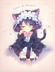 Rule 34 | 10s, 1girl, ;3, animal ears, aqua eyes, bell, black dress, bonnet, bow, cat ears, cat tail, copyright name, cyan (show by rock!!), dress, drill hair, ech, hairband, juliet sleeves, lolita fashion, lolita hairband, long sleeves, one eye closed, paw pose, puffy sleeves, purple hair, show by rock!!, sitting, smile, solo, striped clothes, striped thighhighs, tail, thighhighs, wariza, zettai ryouiki