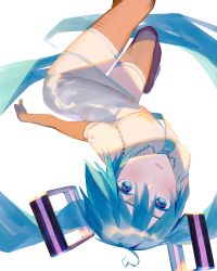 Rule 34 | 1girl, :o, agyou sonokou l, ahoge, arms at sides, backlighting, black thighhighs, blouse, blue eyes, blue hair, blue necktie, blush, breasts, commentary request, detached sleeves, foot out of frame, from above, hatsune miku, heart, heart ahoge, highres, long hair, looking at viewer, looking up, necktie, number tattoo, parted lips, shaded face, shirt, shoulder tattoo, simple background, sleeveless, sleeveless shirt, small breasts, solo, sunlight, tattoo, thighhighs, twintails, upside-down, very long hair, vocaloid, wakusei loop (vocaloid), white background, white shirt, wide-eyed, zettai ryouiki