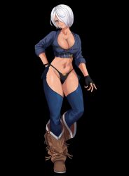 Rule 34 | 1girl, angel (kof), backless pants, blue eyes, boots, bra, breasts, chaps, cleavage, cowboy boots, crop top, cropped jacket, fingerless gloves, gloves, hair over one eye, highres, jacket, large breasts, leather, leather jacket, looking at viewer, mana (manasenshou), midriff, navel, panties, pants, short hair, smile, snk, solo, strapless, strapless bra, the king of fighters, the king of fighters xiv, toned, underwear, white hair