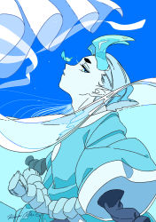 Rule 34 | 1boy, absurdres, aqua hair, aqua horns, blue background, blue theme, highres, horns, kisumi rei, leaf, long hair, luo xiaohei zhanji, male focus, parted lips, partially submerged, pointy ears, profile, rope, signature, solo, translucent horns, xuhuai (the legend of luoxiaohei)