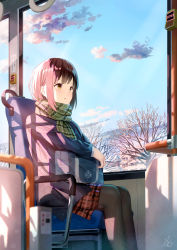 Rule 34 | 1girl, absurdres, bag, black hair, black pantyhose, blue coat, blue sky, brown eyes, building, bus interior, cloud, coat, commentary request, day, green scarf, highres, open mouth, original, pantyhose, plaid, plaid skirt, red skirt, scarf, scenery, school bag, school uniform, shurock, sidelocks, signature, sitting, skirt, sky, solo, sunlight, tree, window, winter clothes
