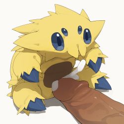 Rule 34 | 1girl, bestiality, blue eyes, blue sclera, colored sclera, creatures (company), cum, cum in pussy, disembodied penis, ejaculation, full body, furry, furry female, game freak, gen 5 pokemon, highres, joltik, just the tip, nintendo, orgasm, penis, pokemon, pokemon (creature), pokephilia, pussy, simple background, sitting, solo, uncensored, veins, veiny penis, white background, youjo modoki