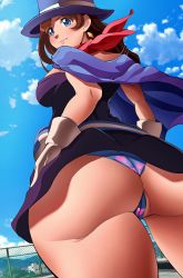 Rule 34 | ace attorney, ass, ass focus, blue eyes, brown hair, eroswau, gloves, hat, highres, magician, panties, rooftop, scarf, top hat, trucy wright, underwear, upskirt