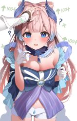 Rule 34 | 2girls, ?, arrow (symbol), bare shoulders, blue eyes, blue hair, blunt bangs, bow, bowtie, breasts, cleavage, commentary request, cowboy shot, female pov, frilled sleeves, frills, genshin impact, gloves, hair ornament, hand on another&#039;s head, happy, headpat, looking at viewer, lumine (genshin impact), medium breasts, midriff, mizuki ryuu, multicolored hair, multiple girls, navel, open mouth, pink eyes, pov, pov hands, sangonomiya kokomi, short shorts, shorts, simple background, smile, surprised, sweatdrop, two-tone hair, vision (genshin impact), water drop, white background, white gloves