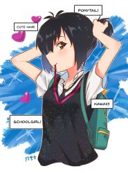 Rule 34 | 1girl, backpack, bag, black hair, brown eyes, english text, hair tie, heart, highres, marvel, mouth hold, necktie, peni parker, ponytail, profile, school uniform, signature, solo, spider-man: into the spider-verse, spider-man (series), spider-verse, sweater vest, tsukino (nakajimaseiki), tying hair, upper body