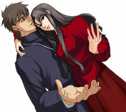 Rule 34 | 1boy, 1girl, black hair, blue eyes, brown eyes, brown hair, cross, dutch angle, fate/stay night, fate/zero, fate (series), kotomine kirei, long hair, aged up, source request, time paradox, tohsaka rin