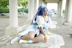 Rule 34 | 1girl, ankle boots, asian, blue eyes, blue hair, boots, bow, bracelet, breasts, choker, chouzuki maryou, cosplay, cure diamond, cure diamond (cosplay), dokidoki! precure, dress, headpiece, jewelry, large breasts, long hair, magical girl, matching hair/eyes, photo (medium), plump, ponytail, precure, puffy short sleeves, puffy sleeves, ribbon, short sleeves, sitting, solo, tiara