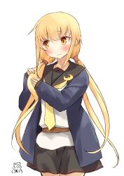 Rule 34 | 1girl, artist name, black sailor collar, black skirt, blonde hair, blue jacket, cowboy shot, crescent, crescent pin, dated, facing viewer, highres, holding, holding hair, jacket, kantai collection, long hair, long sleeves, low twintails, neckerchief, owa (ishtail), sailor collar, satsuki (kancolle), satsuki kai ni (kancolle), school uniform, serafuku, sideways glance, simple background, skirt, solo, standing, twintails, white background, yellow eyes, yellow neckerchief