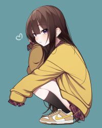 Rule 34 | 1girl, absurdres, bad id, bad twitter id, blush, brown footwear, brown hair, closed mouth, dress, hand up, head rest, heart, highres, long hair, looking at viewer, original, plaid, plaid dress, pleated dress, purple eyes, shoes, sleeves past fingers, sleeves past wrists, sneakers, solo, squatting, sweater, the cold, very long hair, yellow sweater