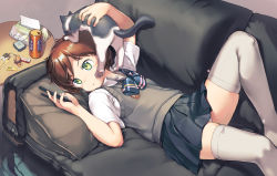 Rule 34 | 1girl, absurdres, annoyed, bad id, bad twitter id, bow, bowtie, brown hair, can, cat, cellphone, collared shirt, couch, drink can, green eyes, grey skirt, grey sweater, highres, holding, holding phone, looking at phone, lying, miniskirt, on back, on couch, original, panties, panty peek, phone, pleated skirt, school uniform, shirt, short hair, short sleeves, skindentation, skirt, sleeveless, sleeveless sweater, smartphone, soda can, solo, sweater, thighhighs, underwear, white shirt, white thighhighs, zhongye yu