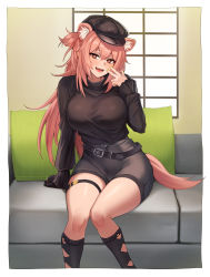 Rule 34 | 1girl, absurdres, animal ears, arknights, beruko14, black gloves, black hat, black shirt, black shorts, black socks, blush, couch, crossed bangs, gloves, gravel (arknights), gravel (modeling night) (arknights), hat, high-waist shorts, highres, kneehighs, long sleeves, mouse ears, mouse girl, nail polish, official alternate costume, open mouth, pink hair, red eyes, shirt, short shorts, shorts, single glove, sitting, smile, socks, solo, tail, thigh strap, thighs, yellow nails