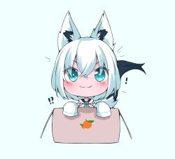 Rule 34 | !, !?, 1girl, :3, absurdres, animal ear fluff, animal ears, blush, box, braid, cardboard box, chibi, commentary request, fox ears, fox girl, fox tail, green eyes, hair between eyes, highres, hololive, ikamoworkshop, in box, in container, long hair, looking at viewer, mikan box, notice lines, shirakami fubuki, shirakami fubuki (1st costume), sidelocks, simple background, single braid, sleeves past fingers, sleeves past wrists, smile, solo, tail, v-shaped eyebrows, virtual youtuber, white background, white hair