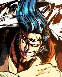 Rule 34 | 1boy, blue hair, clenched teeth, eyewear on head, franky (one piece), grassjeak, highres, long hair, looking at viewer, male focus, one piece, pointing, pointing at self, shirt, smile, solo, sunglasses, teeth, upper body