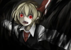 Rule 34 | 1girl, akaiha (akaihagusk), ascot, bad id, bad pixiv id, blonde hair, darkness, fangs, gradient background, hair ribbon, open mouth, outstretched arms, red eyes, ribbon, rumia, short hair, solo, touhou