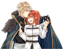 Rule 34 | 1boy, 1girl, ahoge, black gloves, blonde hair, breasts, cape, chaldea uniform, closed eyes, commentary request, fate/grand order, fate (series), fujimaru ritsuka (female), gawain (fate), gloves, hair between eyes, hair ornament, hair scrunchie, large breasts, nishinishihigas, one side up, open mouth, orange eyes, orange hair, scrunchie, short hair, side ponytail, simple background, smile, white background