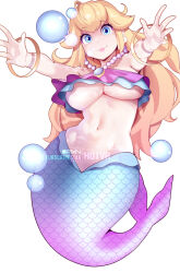 Rule 34 | 1girl, bare shoulders, blonde hair, blue eyes, blue scales, bracelet, breasts, commentary, english commentary, gold bracelet, highres, hot vr, jewelry, large breasts, lips, long hair, looking at viewer, mario (series), mermaid, mermaid peach, monster girl, navel, necklace, nintendo, pearl necklace, pink scales, pixiv username, princess peach, princess peach: showtime!, scales, simple background, solo, stomach, subscribestar username, underboob, white background