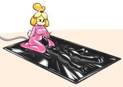 animal_crossing bell bodysuit gloves hair_ornament head_between_thighs isabelle_(animal_crossing) latex latex_bodysuit latex_gloves nintendo penis pink_bodysuit qqlettuce seiza sitting touching_another&#039;s_face vacuum_bed