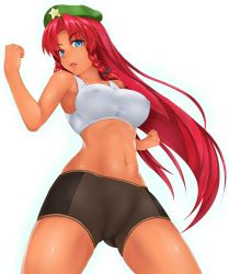 Rule 34 | 1girl, beret, bike shorts, blue eyes, braid, breasts, cameltoe, clenched hands, female focus, fighting stance, hat, highres, hong meiling, long hair, open mouth, red hair, shiny skin, short shorts, shorts, solo, sports bra, takaman (gaffe), tan, tanada, touhou, twin braids