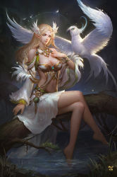 Rule 34 | 1girl, artist name, artist request, bare legs, bare shoulders, bird, blonde hair, blue eyes, breasts, cleavage, detached collar, detached sleeves, earrings, gjschool, hair ornament, jewelry, large breasts, crossed legs, long sleeves, pointy ears, resized, sitting, smile, solo